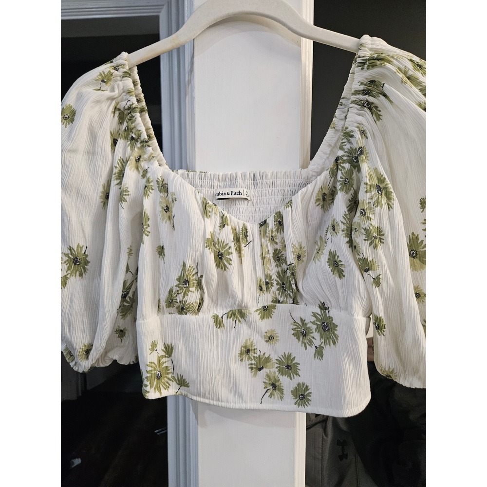Abercrombie & Fitch Green Floral Puff Sleeve Smocked Crop Top White Medium